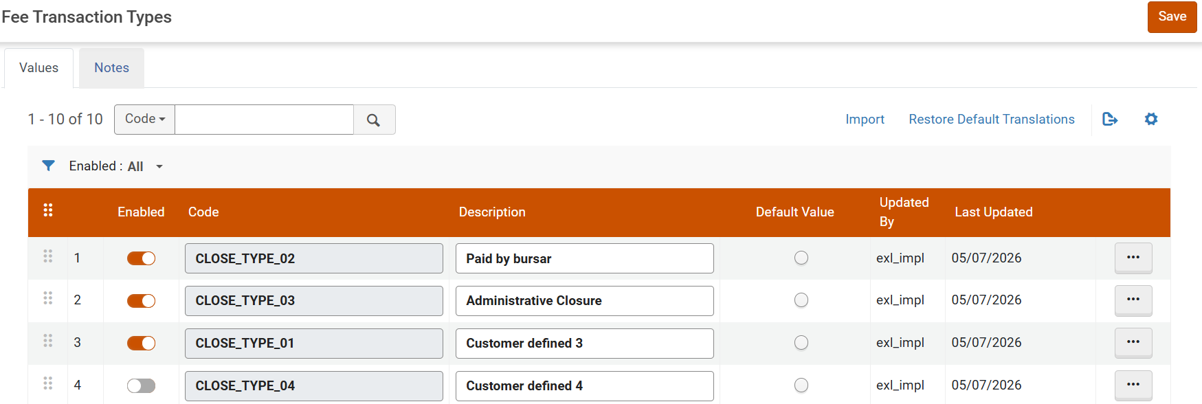 The Fee Transaction Types page.